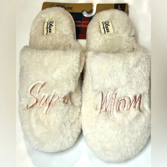 Dluxe by Dearfoams Plush Faux Fur “Super Mom” Slippers Size Large 9-10 - Picture 1 of 12
